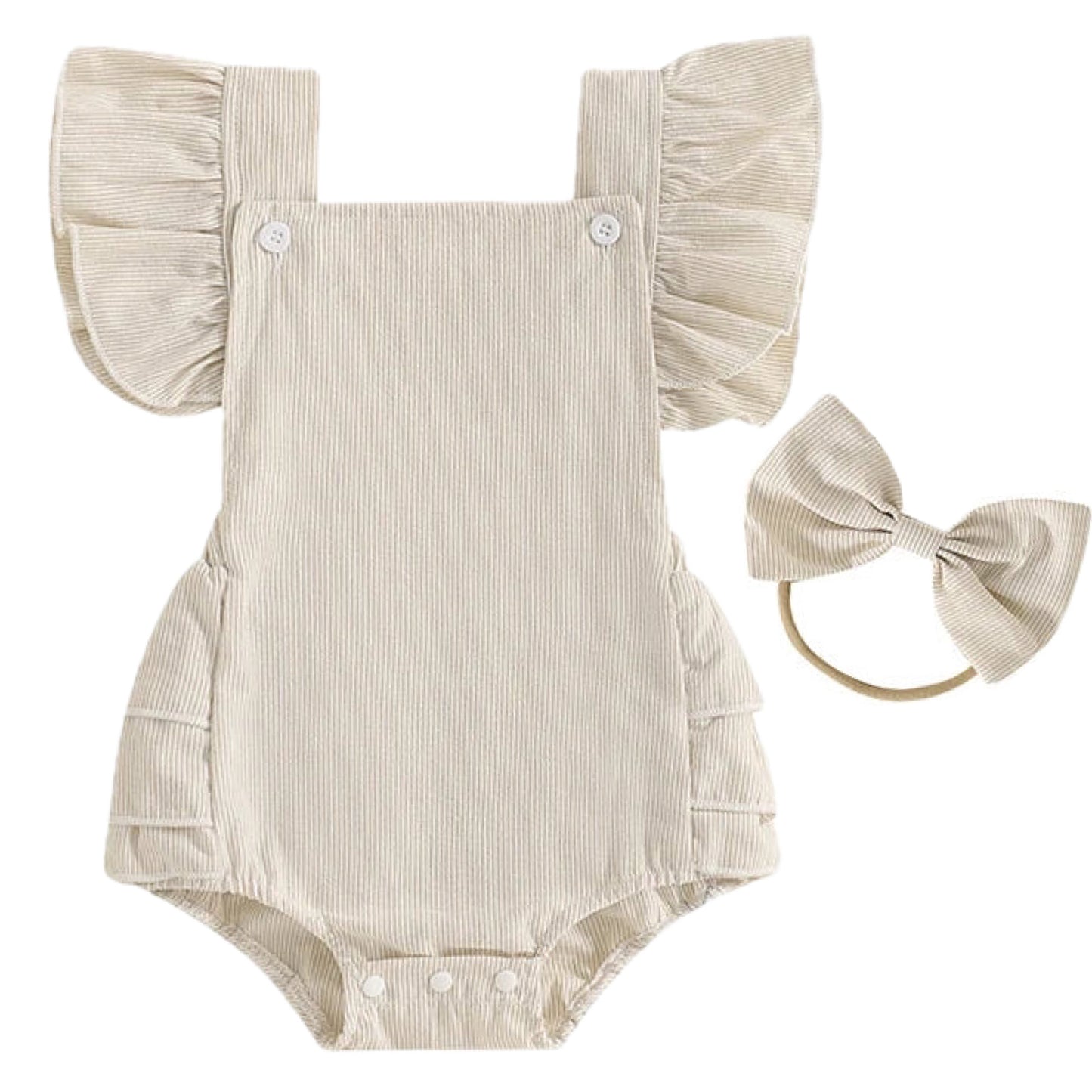 Flat lay of pastel baby girl romper in cream with flutter sleeves and bow