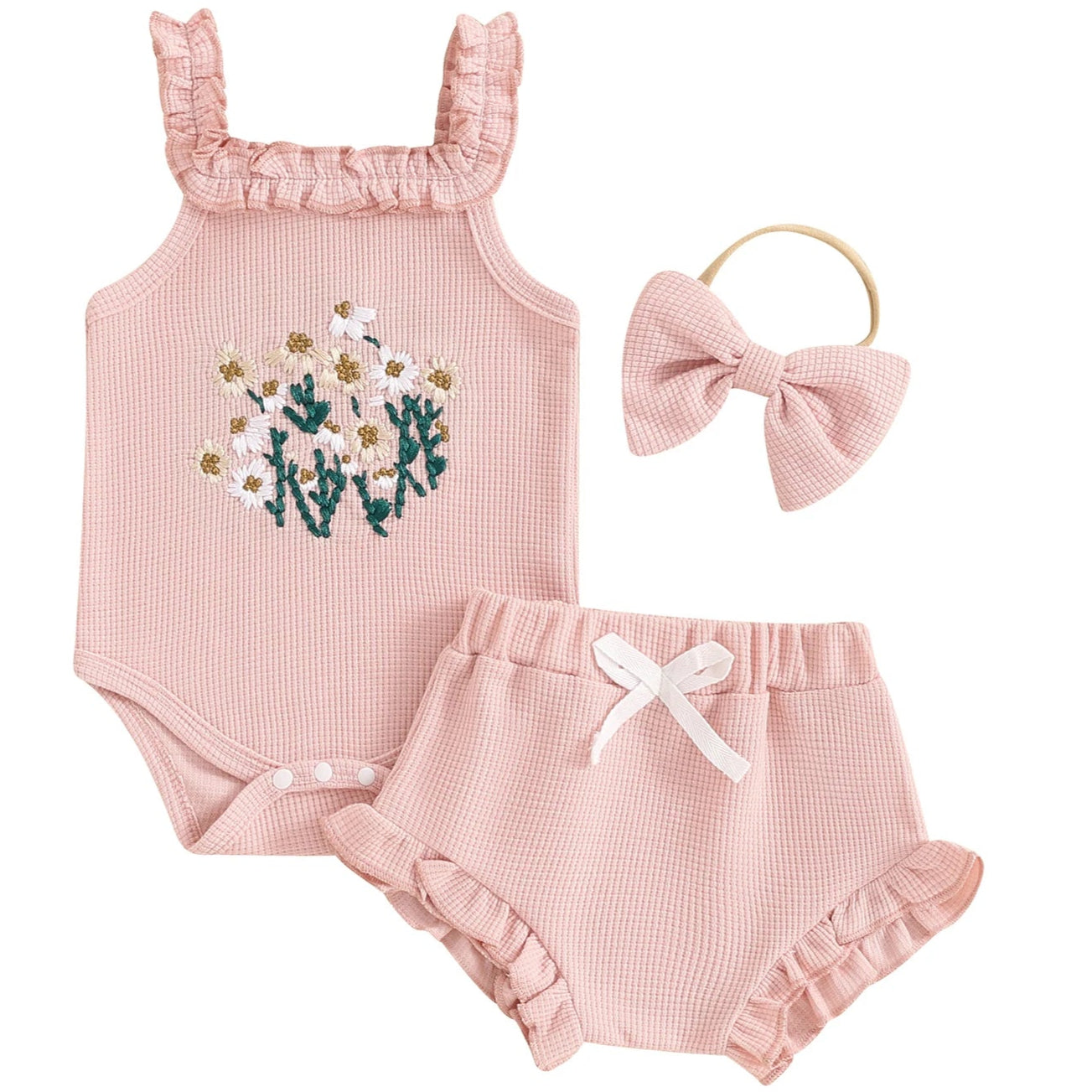 Baby girl floral embroidered romper and ruffle bloomer set – white – Pipp & Lola