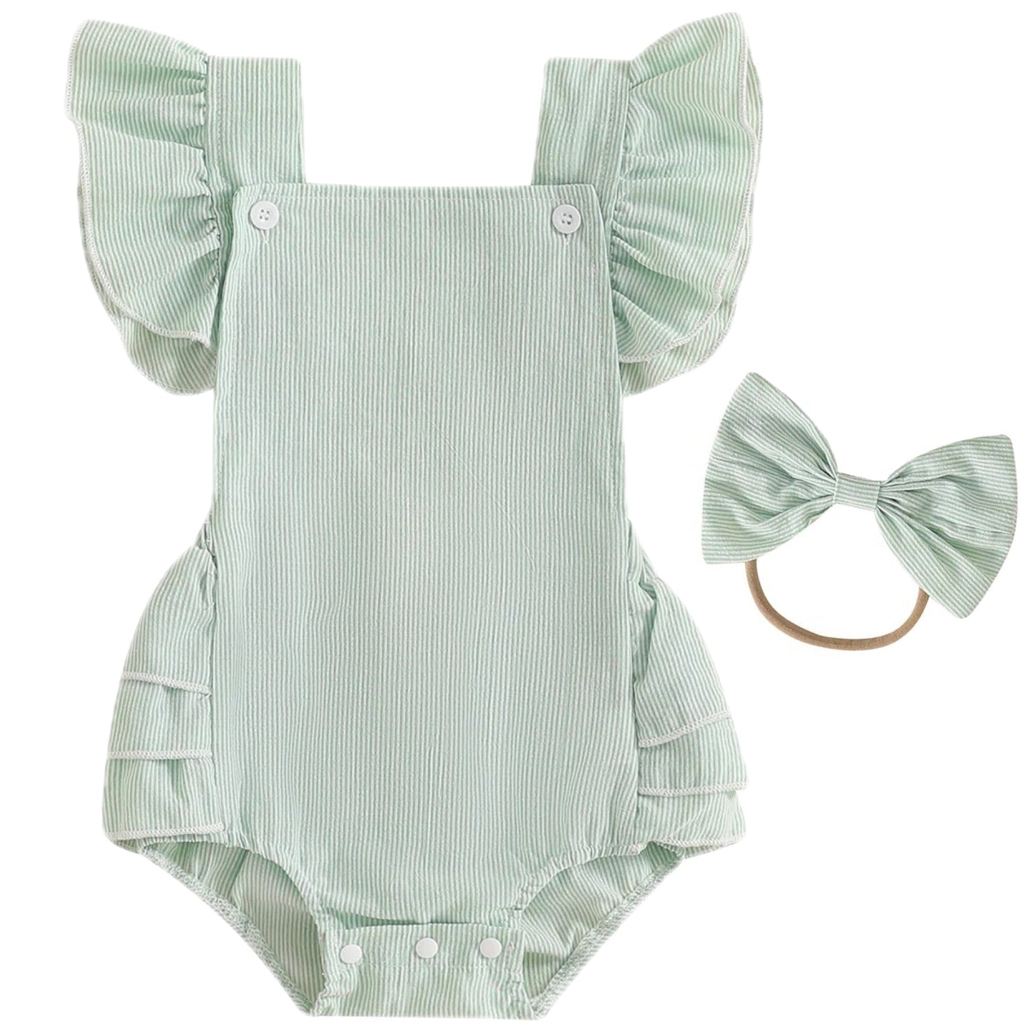 Baby girl pastel green romper with frilled back and matching headband