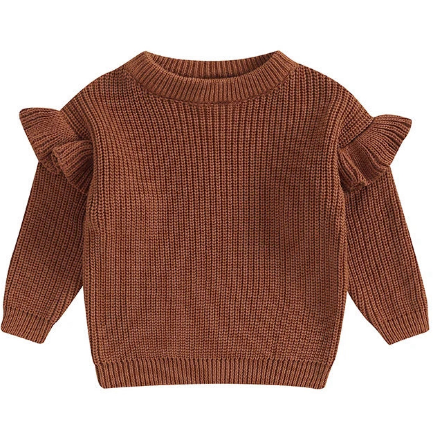 Brown chunky knit baby sweater with ruffle sleeves – stylish and warm - Pipp & Lola