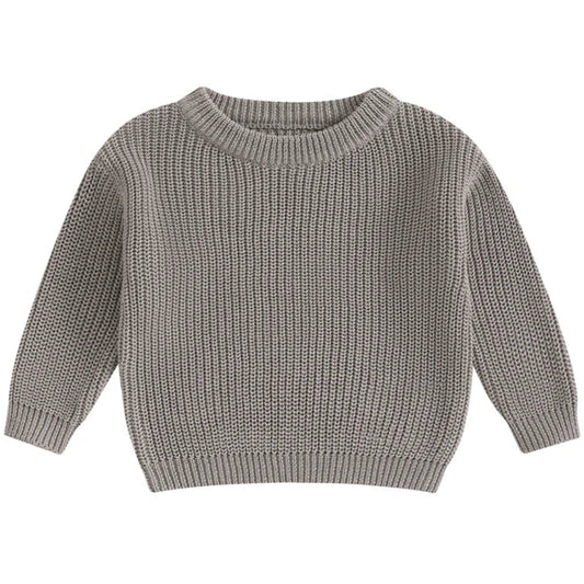 Baby boy grey knit jumper for winter layering – neutral cold weather outfit