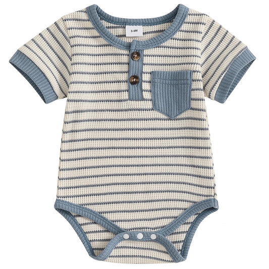 Baby boy Henley romper in dusty blue – ribbed cotton onesie from Pipp & Lola with buttons and chest pocket
