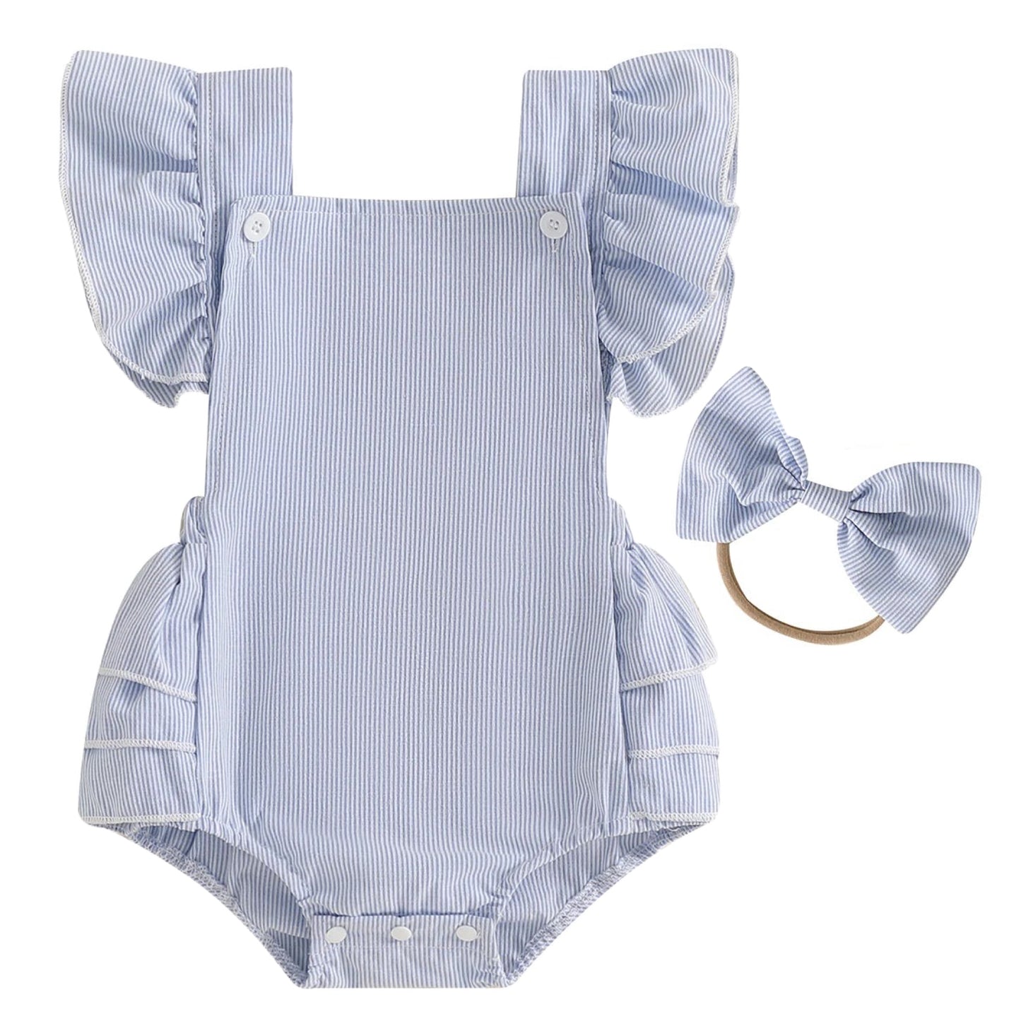 Corduroy baby romper outfit in blue with snap clips and button details