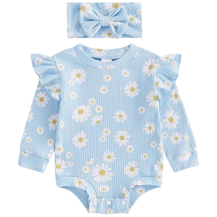 BABY GIRL ROMPER IN BLUE WITH FLOWERS | PIP AND LOLA