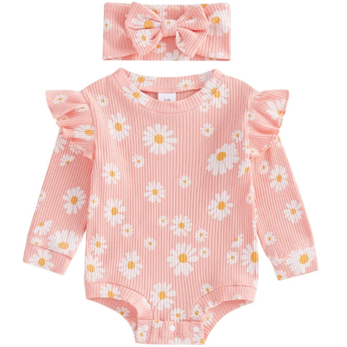 BABY GIRL ROMPER IN PINK WITH FLOWERS | PIPP AND LOLA