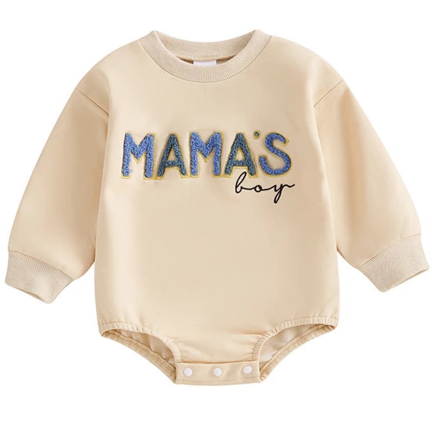 Neutral beige baby romper with colourful fluffy “Mama’s Boy” print – long sleeve outfit by Pipp & Lola