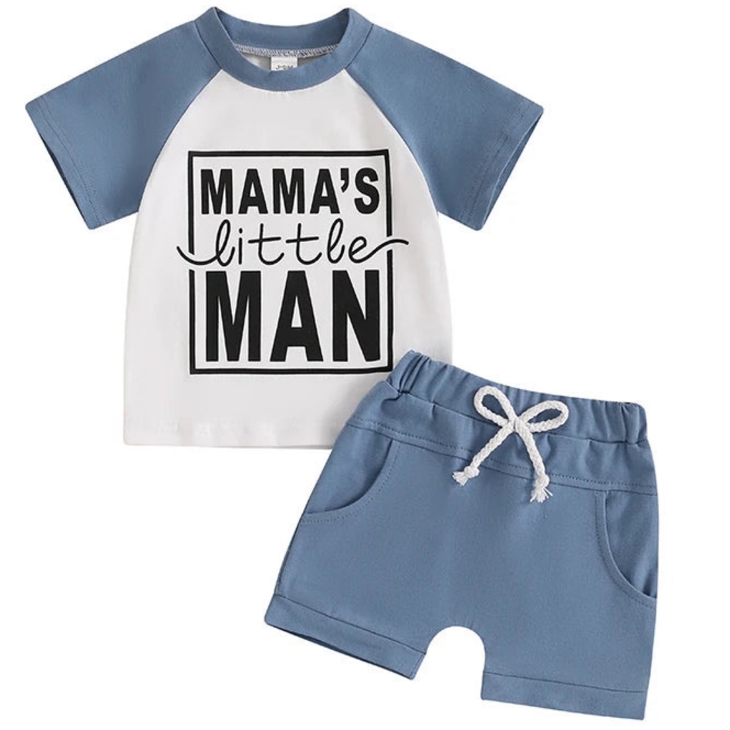 Baby boy wearing Mama’s Little Man blue tee and shorts set from Pipp & Lola – soft cotton outfit for summer