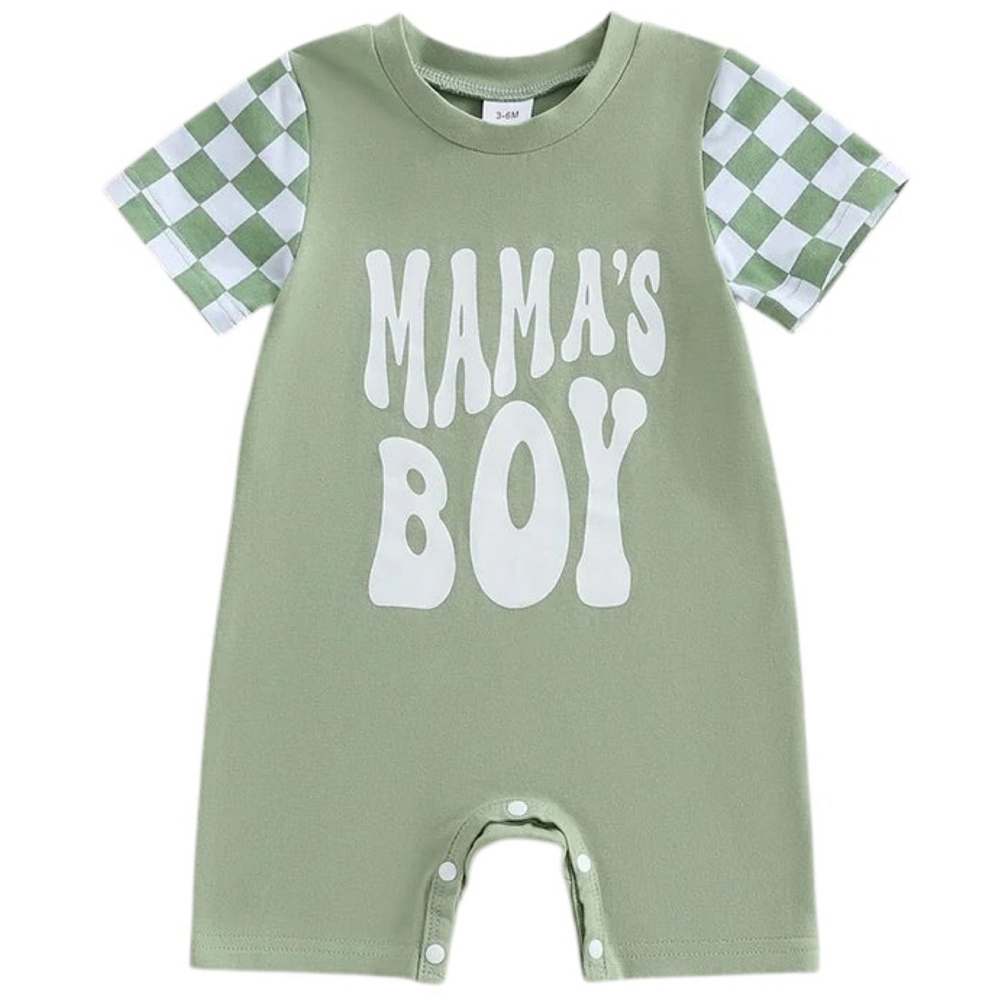 Green baby boy romper with Mama’s Boy print and check sleeves – soft cotton outfit from Pipp & Lola