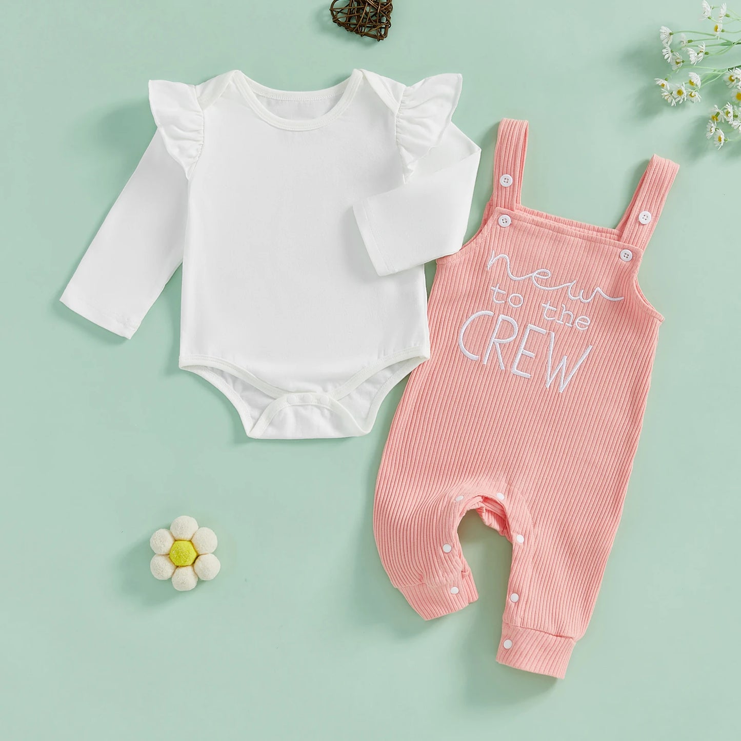 Newborn baby girl coming home outfit – long sleeve romper with flutter sleeves and soft pink overalls