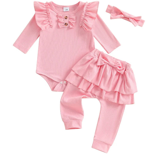 Pink baby girl romper set with ruffles and bow leggings – Little Eedie