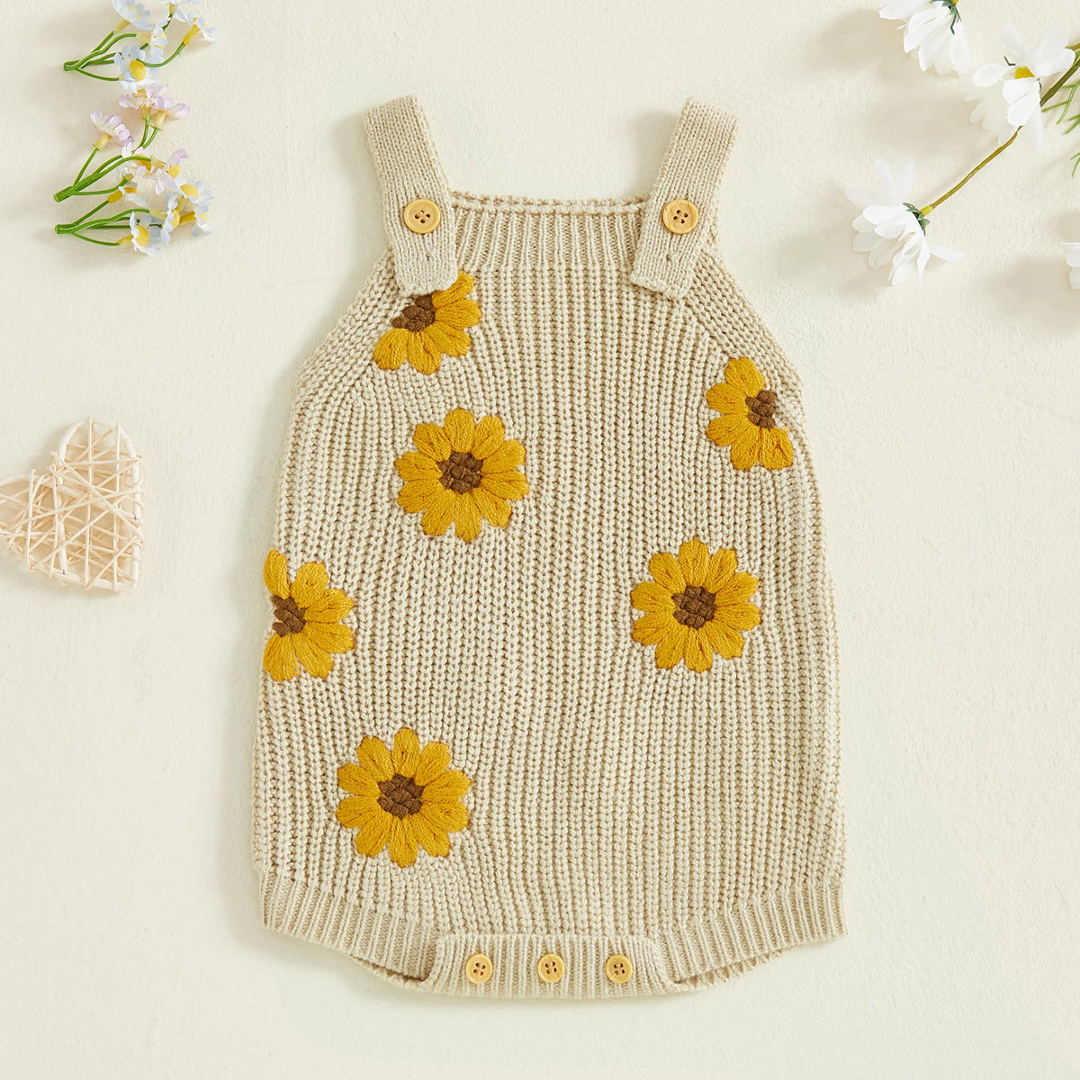 Baby Girl Sunflower Knit Romper Beige