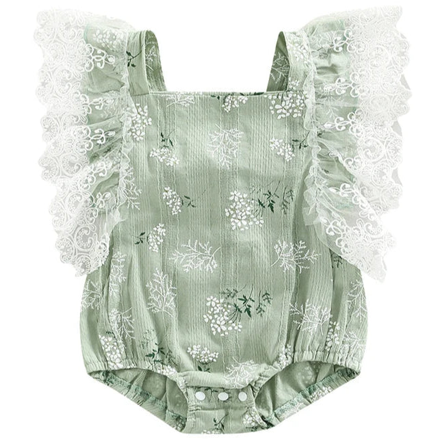 Amy Floral Lace Baby Romper Green