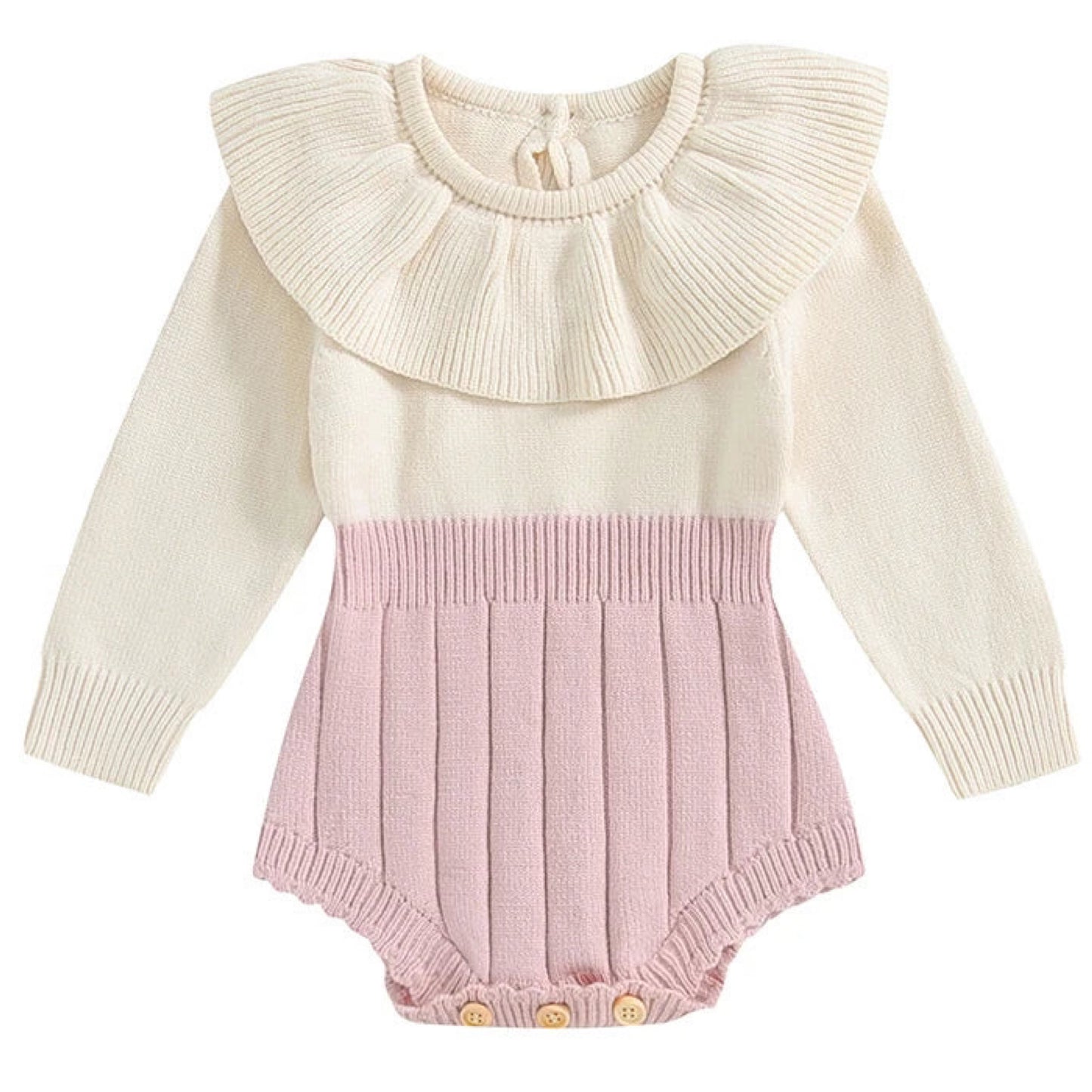 Pink and cream two-tone baby romper with knit collar – boutique winter baby outfit from Pipp & Lola