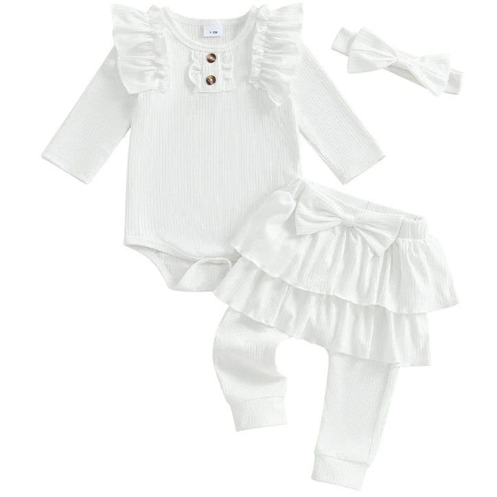 White baby girl romper set with bow headband – Pipp and Lola
