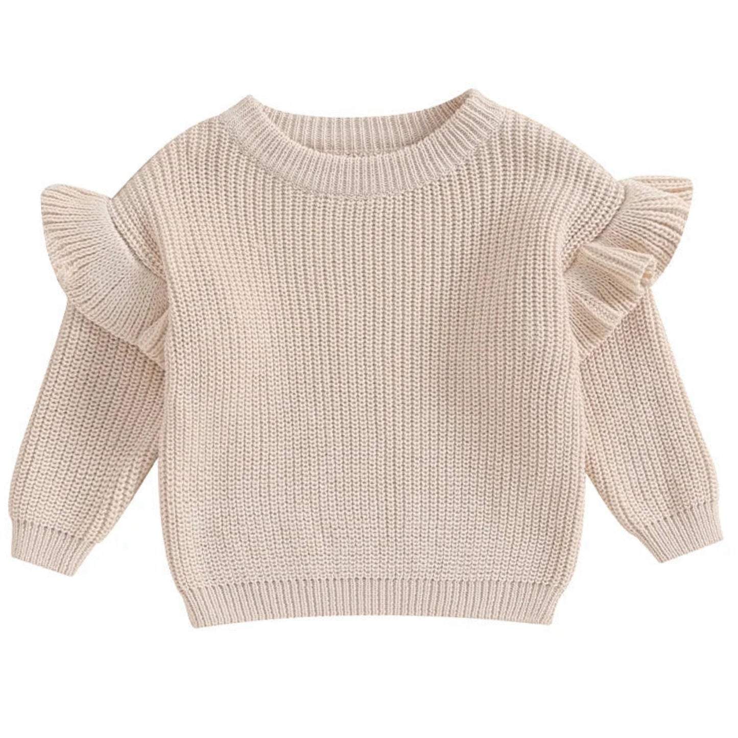Cream baby girl jumper with chunky knit texture and ruffle shoulder detail pipp and lola