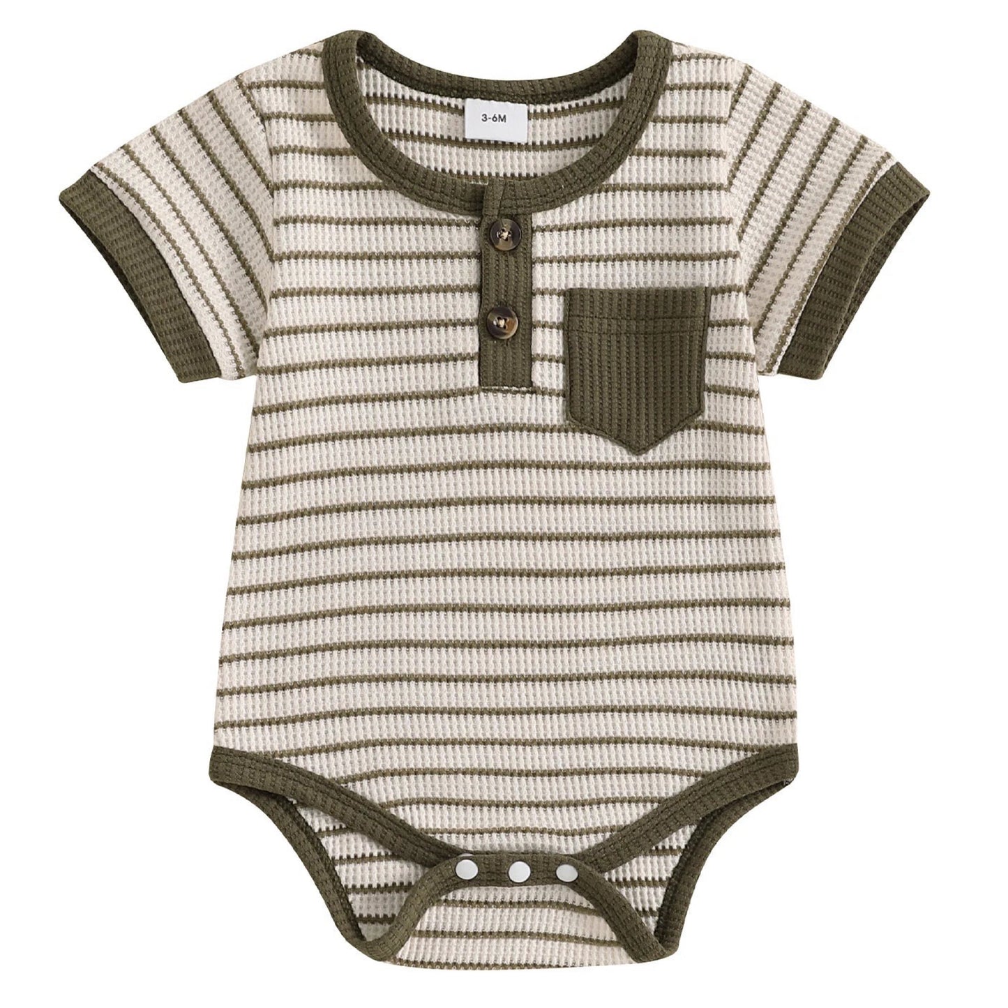 Green ribbed cotton Henley romper for baby boys – short sleeve romper with pocket from Pipp & Lola