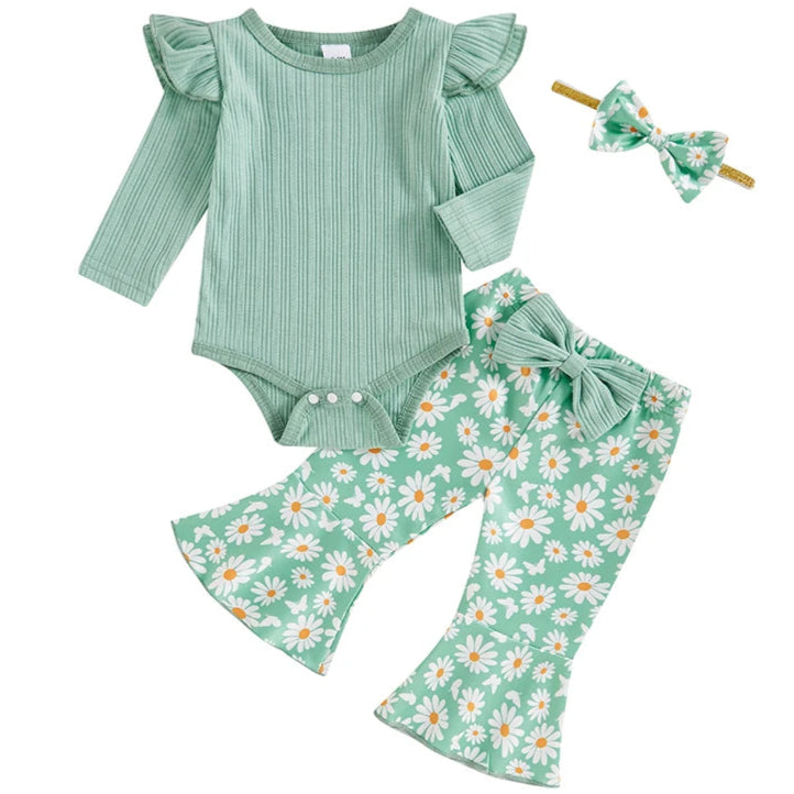 Green daisy romper set for baby girls