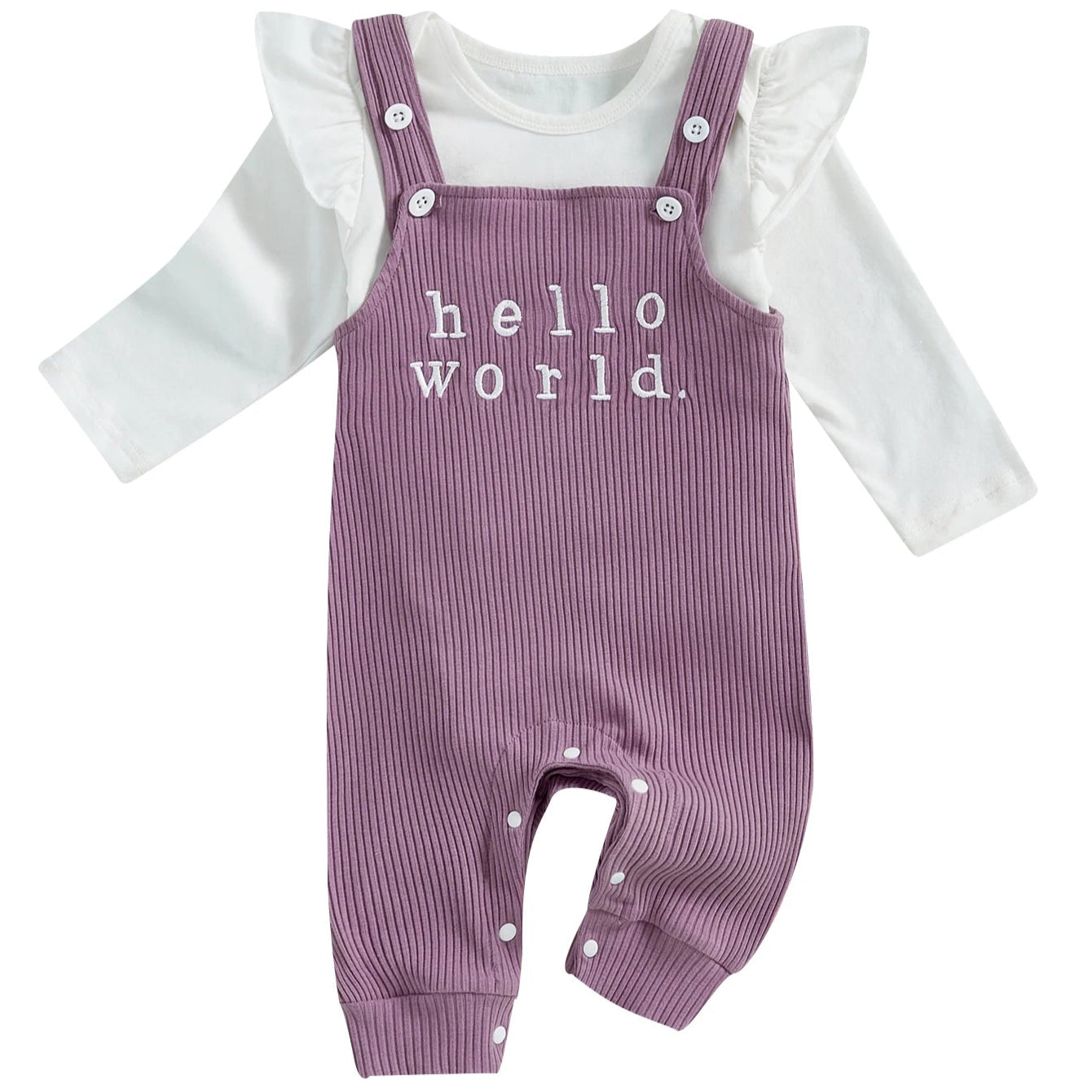 Hello World printed on baby girl purple overalls – newborn outfit from Pipp & Lola