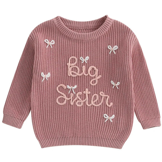 Pink baby girl knit jumper with big Sister embroidery