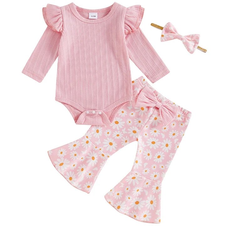 Pink baby girl flare pants set with daisy print