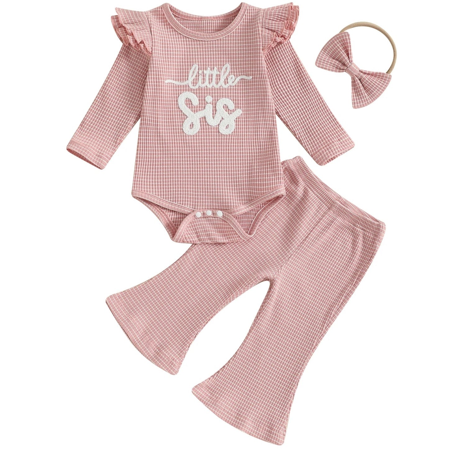 Pipp & Lola Little Sis waffle cotton baby girl flare set with bow headband