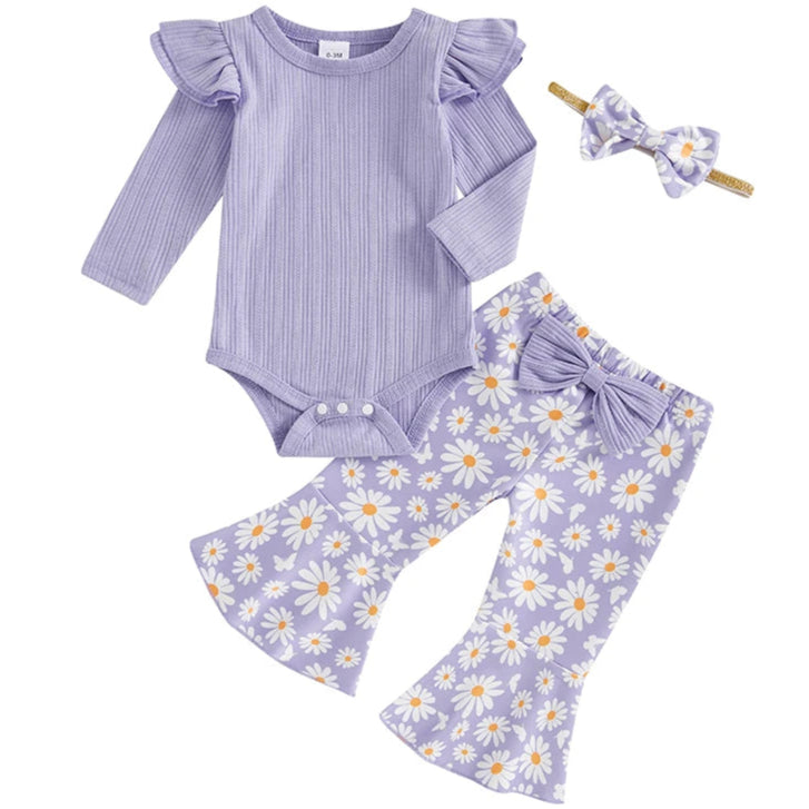Purple baby girl romper and daisy flare pants set