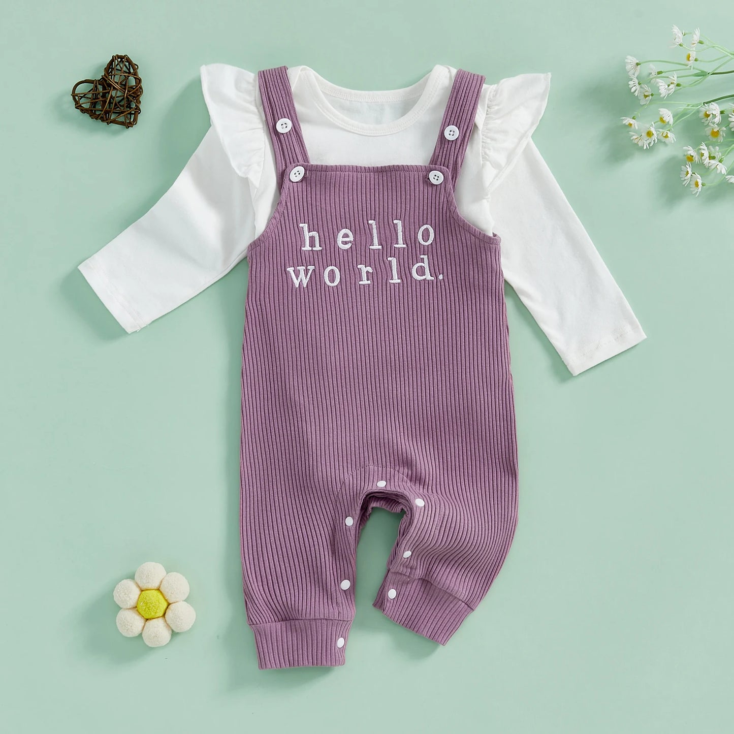 Pipp & Lola newborn girl outfit set – white romper with purple overall for baby’s first outfit