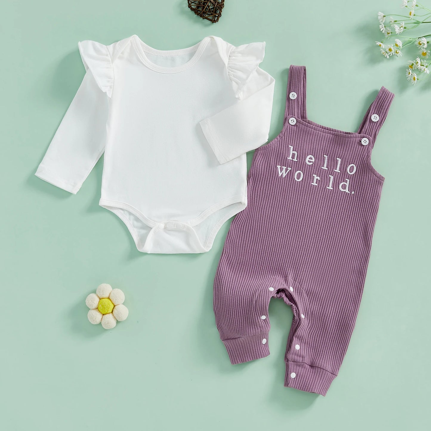 Hello World printed on baby girl purple overalls – newborn outfit from Pipp & Lola