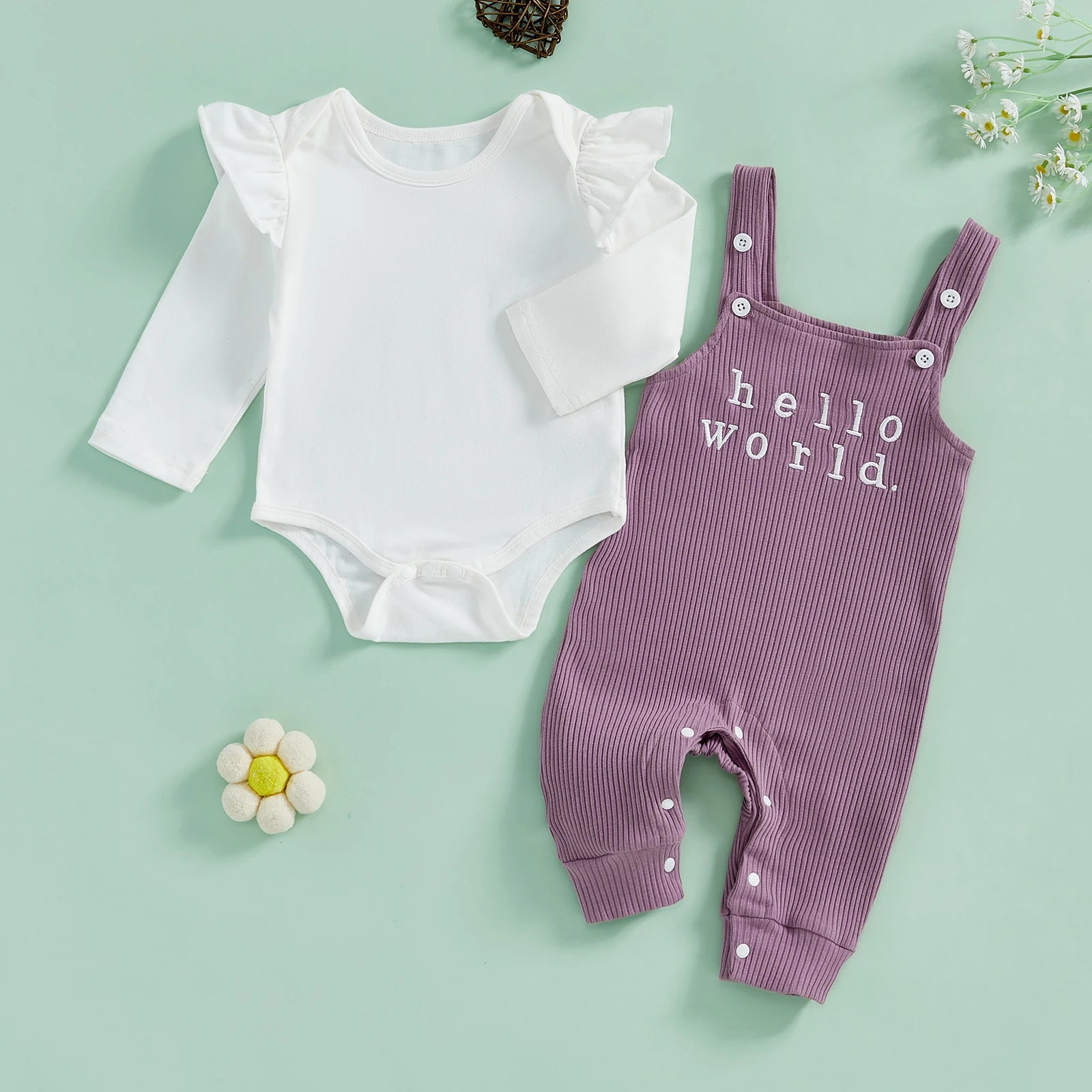 Hello World printed on baby girl purple overalls – newborn outfit from Pipp & Lola