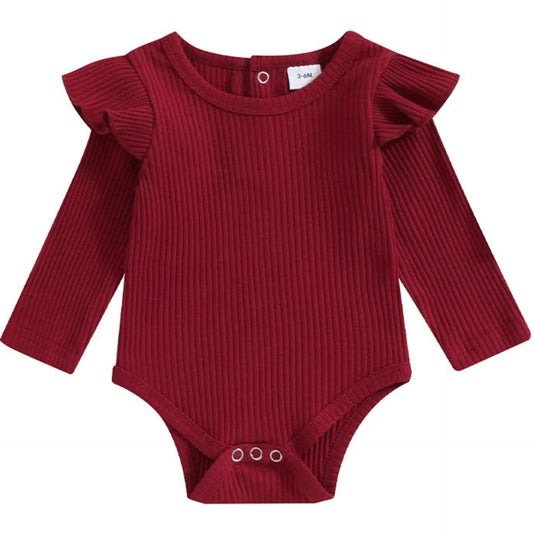 Ruby red long sleeve ribbed romper for baby girls – soft cotton winter outfit from Pipp & Lola