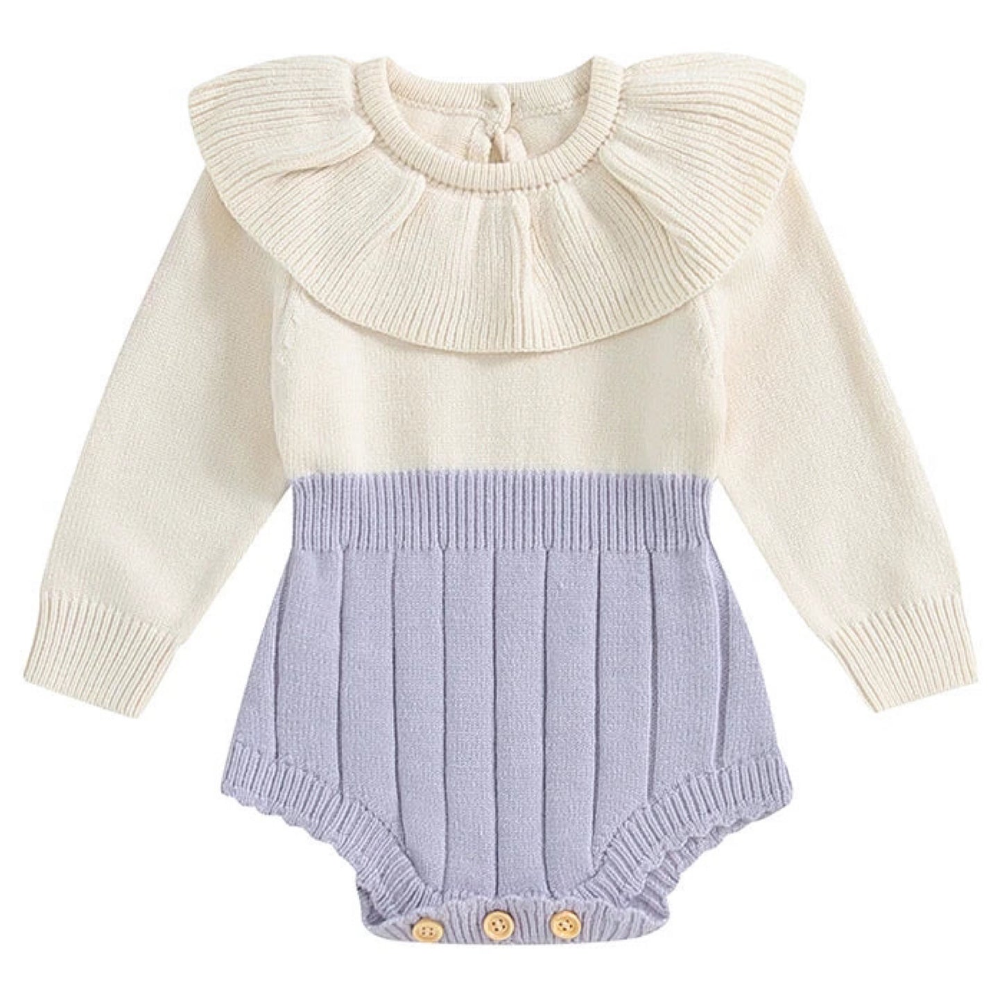 Soft purple baby knit romper with cream top and collar – warm long sleeve outfit from Pipp & Lola