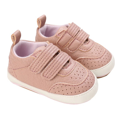 Pink baby girl shoes with double velcro straps – soft, flexible sole by Pipp & Lola