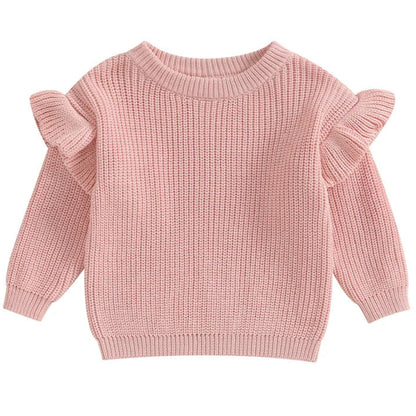 Pink chunky knit baby jumper with ruffle sleeves – warm winter outfit for girls