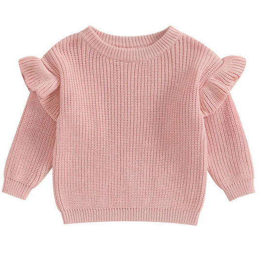 Pink chunky knit baby jumper with ruffle sleeves – warm winter outfit for girls
