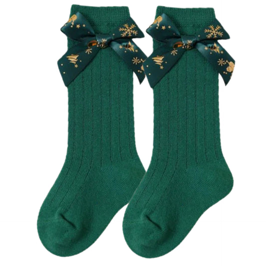 Baby Knee High Christmas Socks Green Gold