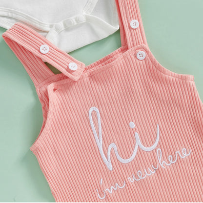 Close-up of baby outfit embroidery reading ‘Hi, I’m new here’ on pink overall