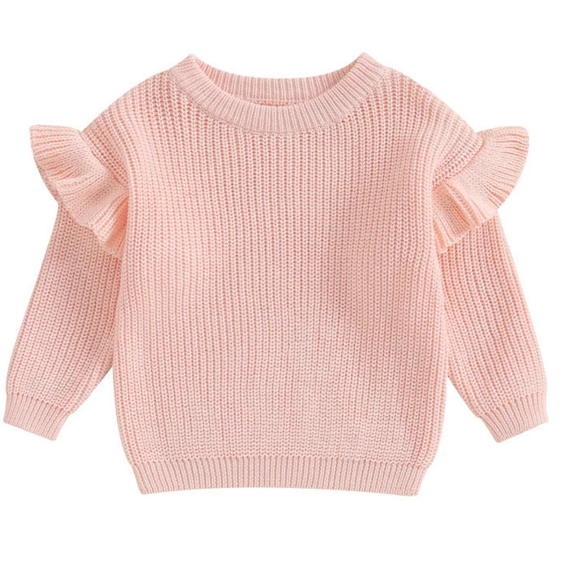 Light pink ruffle sleeve knit sweater for baby girls – soft and cosy layering piece