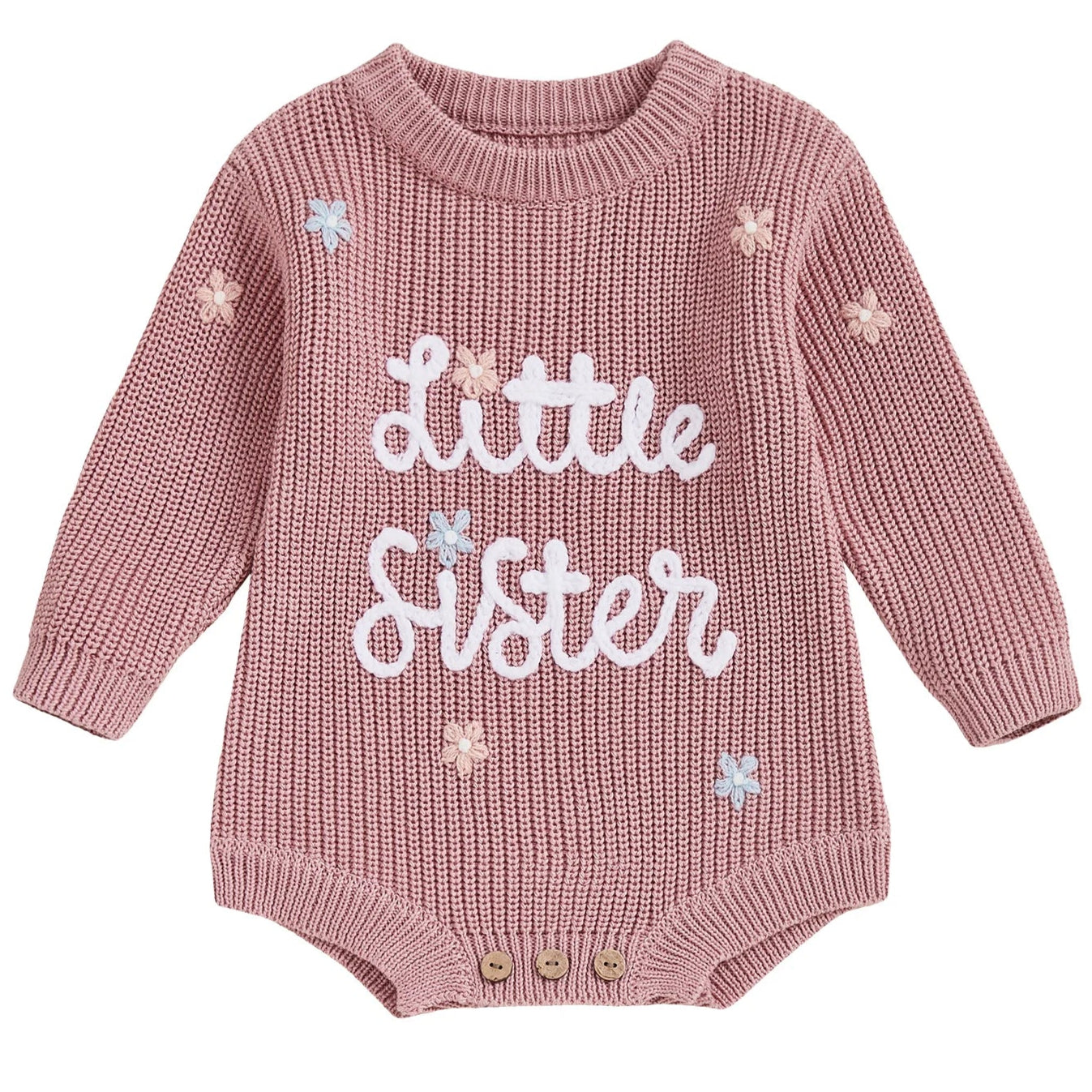 Pink knitted baby romper with 'Little Sister' embroidery