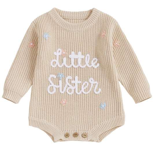 Beige knitted baby romper with 'Little Sister' embroidery