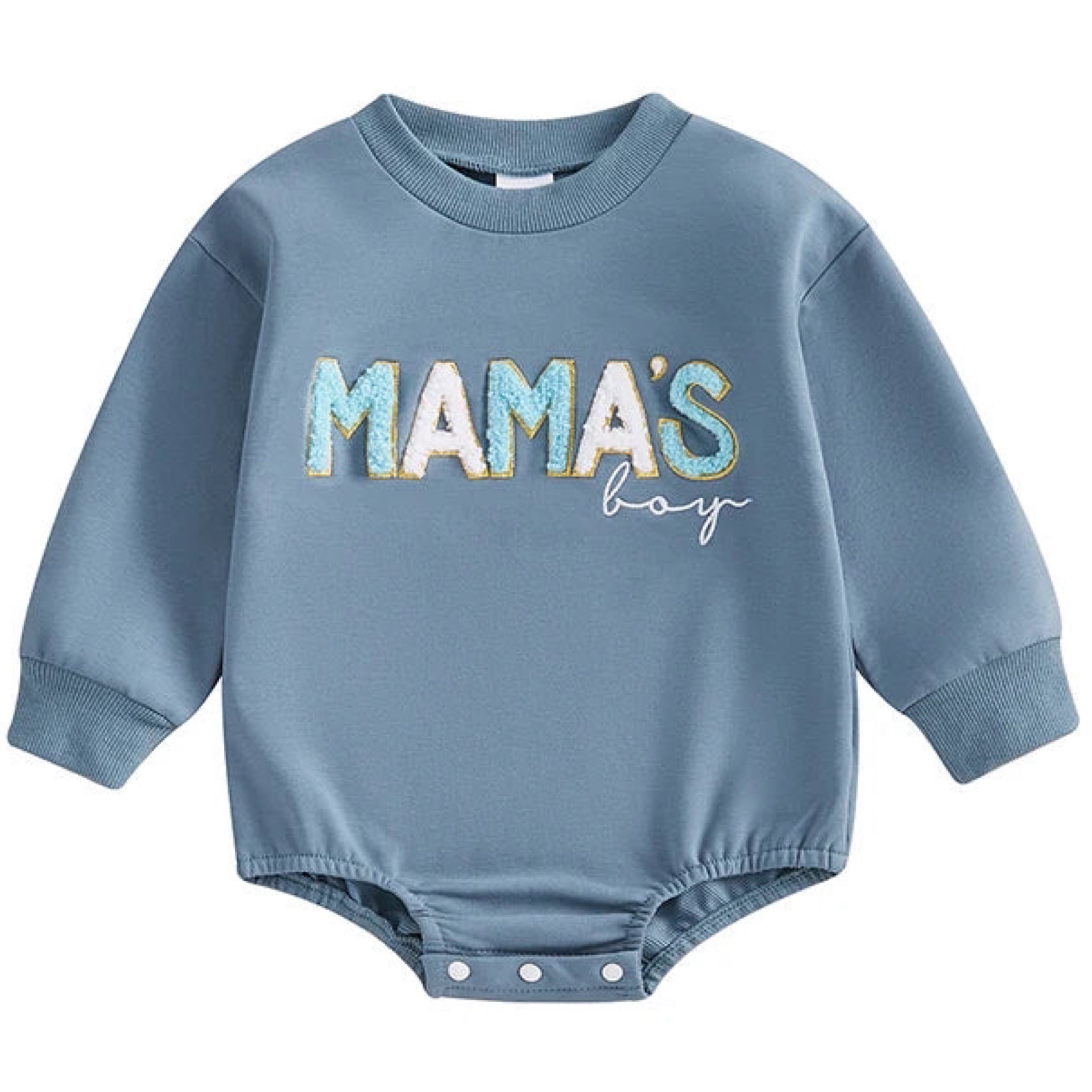 Baby boy long sleeve romper in blue with fluffy “Mama’s Boy” text – Pipp & Lola babywear Australia