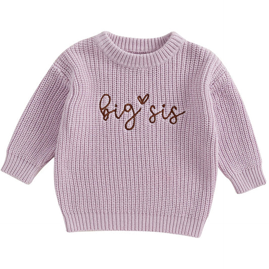 Purple Big Sister chunky knit jumper for toddlers – front view