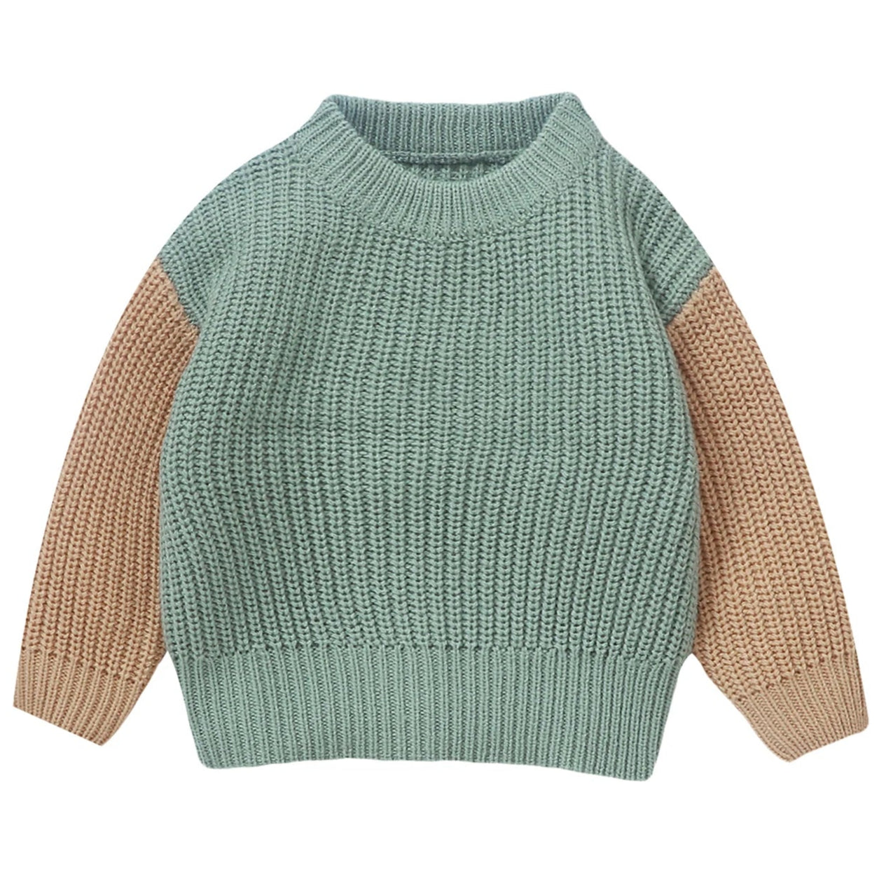 Pipp & Lola baby boy jumper – green knit with light tan sleeves for winter