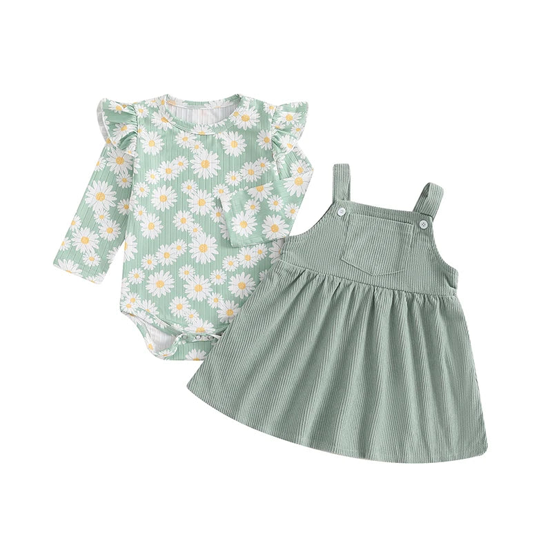 Baby Girl Daisy Pinafore Dress Set Green