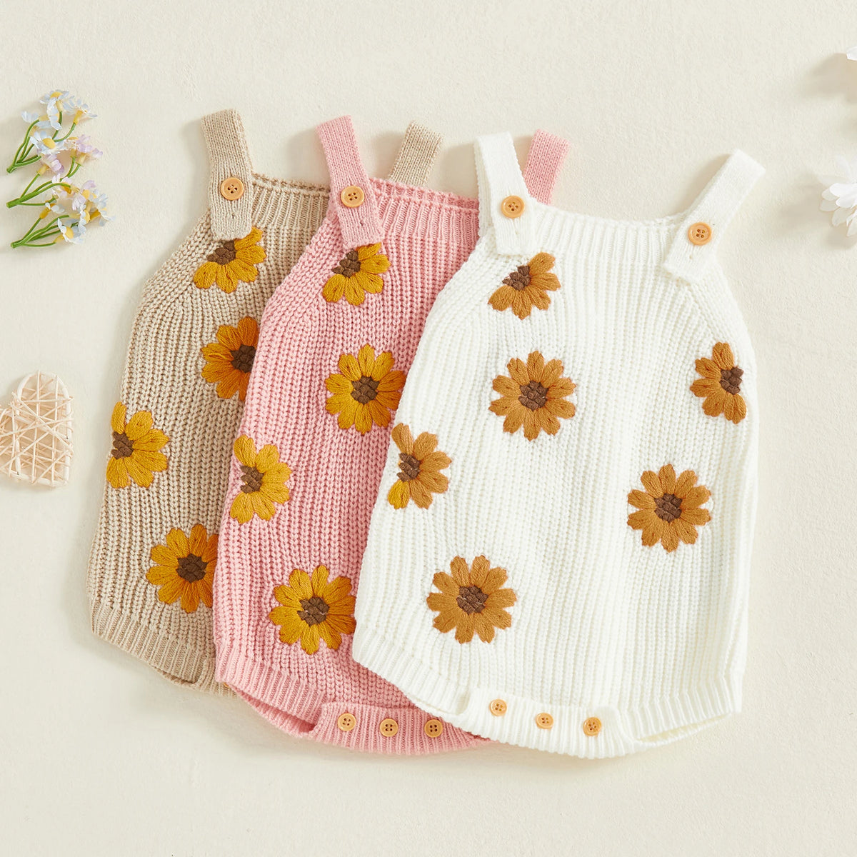 Baby Girl Sunflower Knit Romper White