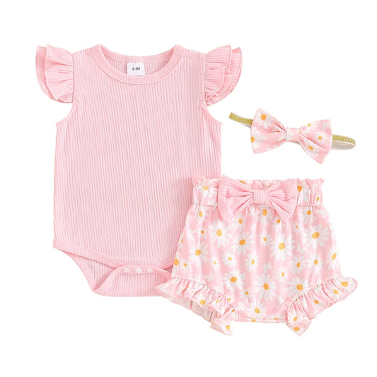Belle Baby Ribbed Romper Daisy Set Pink