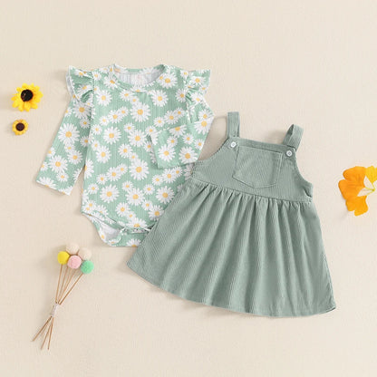 Baby Girl Daisy Pinafore Dress Set Green