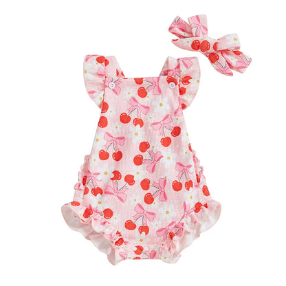 Pink Cherry Bow Baby Girl Romper