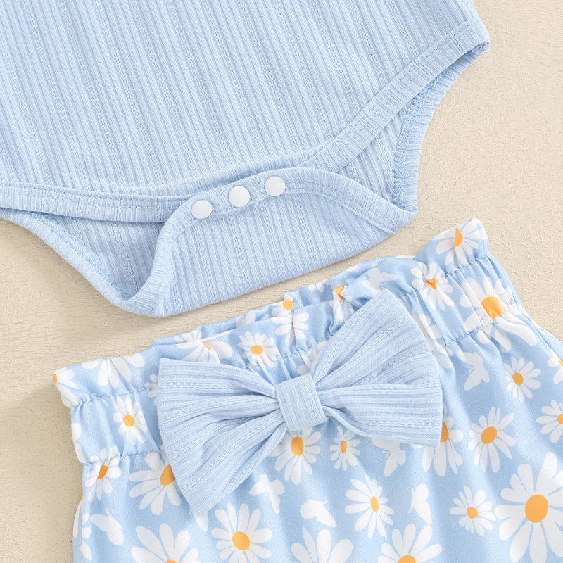 Belle Baby Ribbed Romper Daisy Set Blue