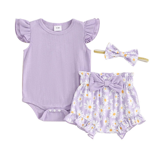 Belle Baby Ribbed Romper Daisy Set Purple
