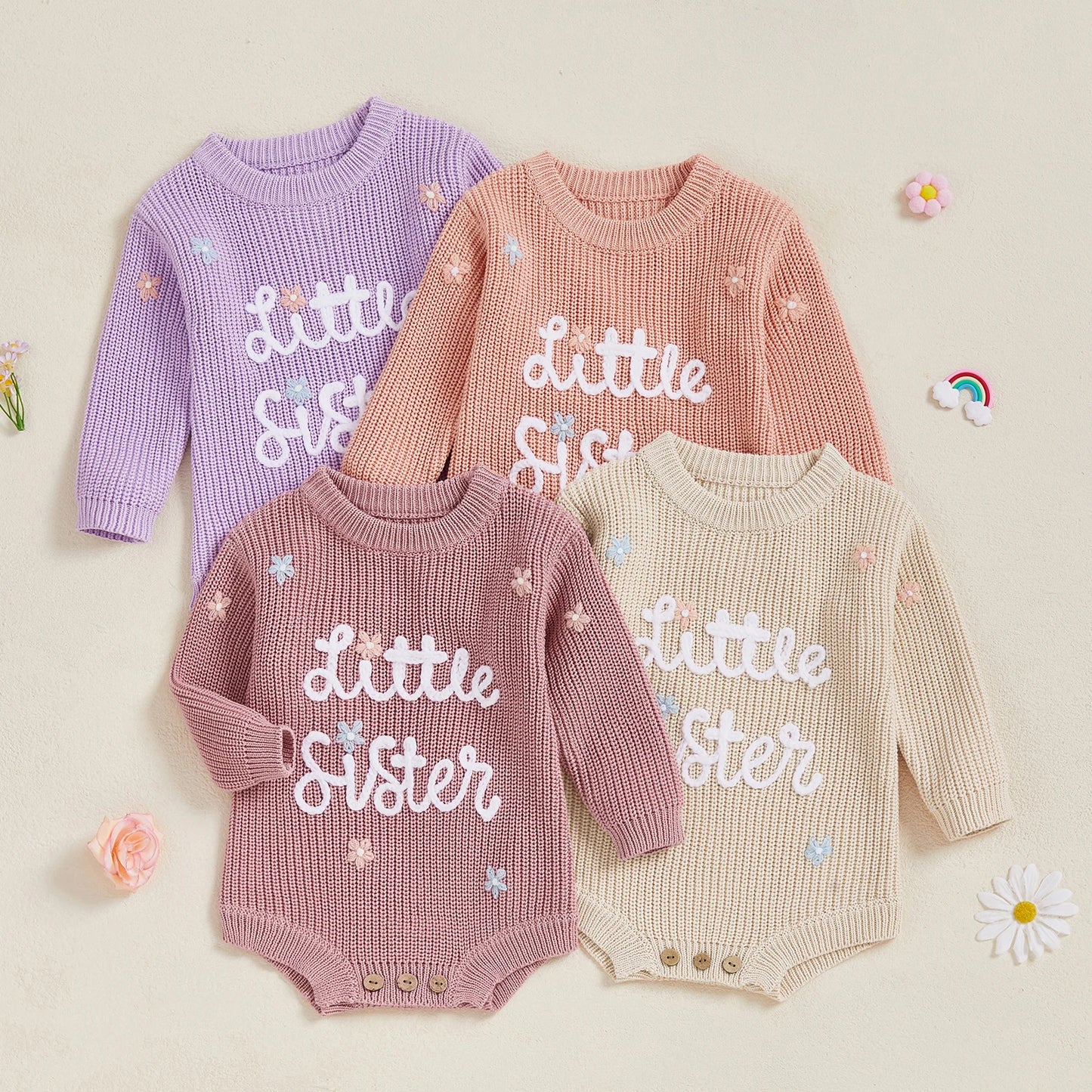 Little Sister Long Sleeve Knit Romper Apricot